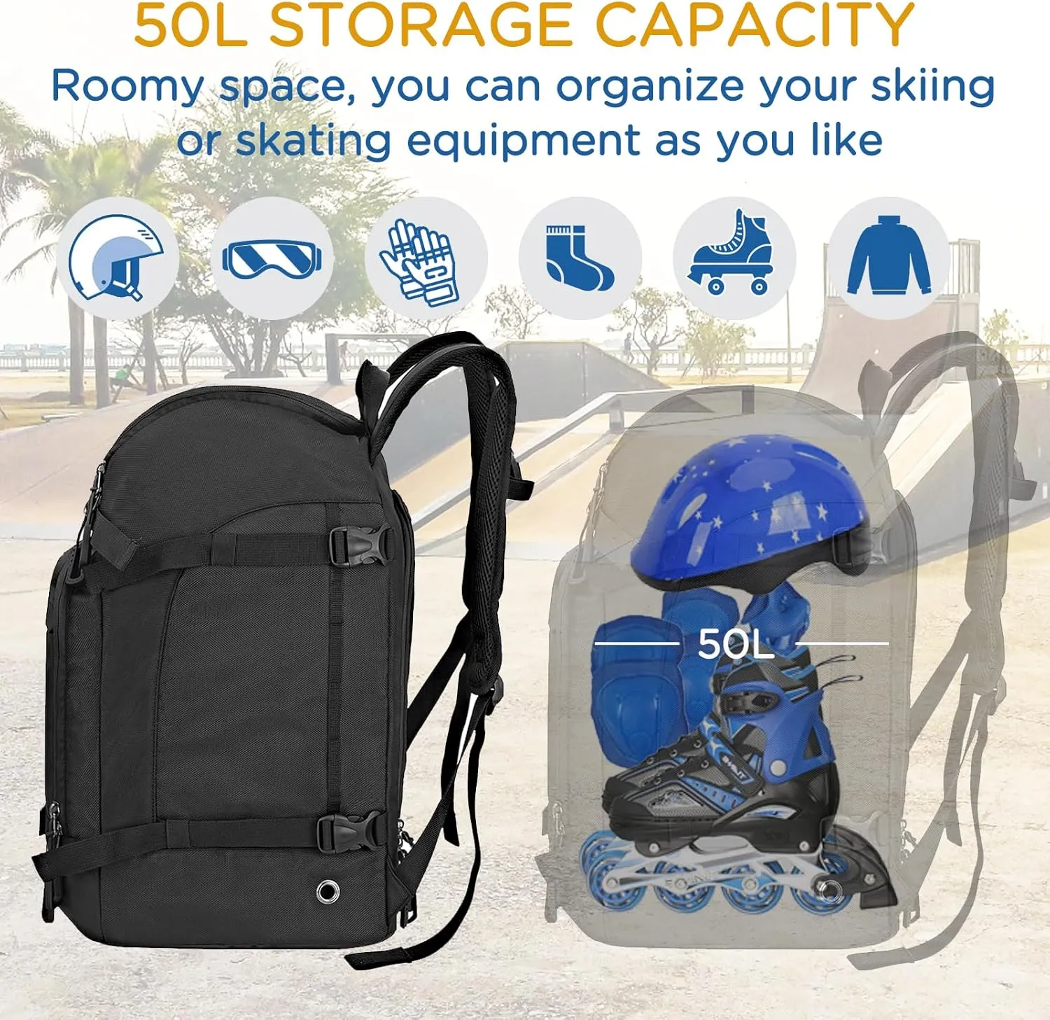WOLT Ski Boot Bag Backpack 50L Snowboard Boot Bag for Travel for Snow Boots, Ski Helmet, Gloves, Goggles, Skiing Gear