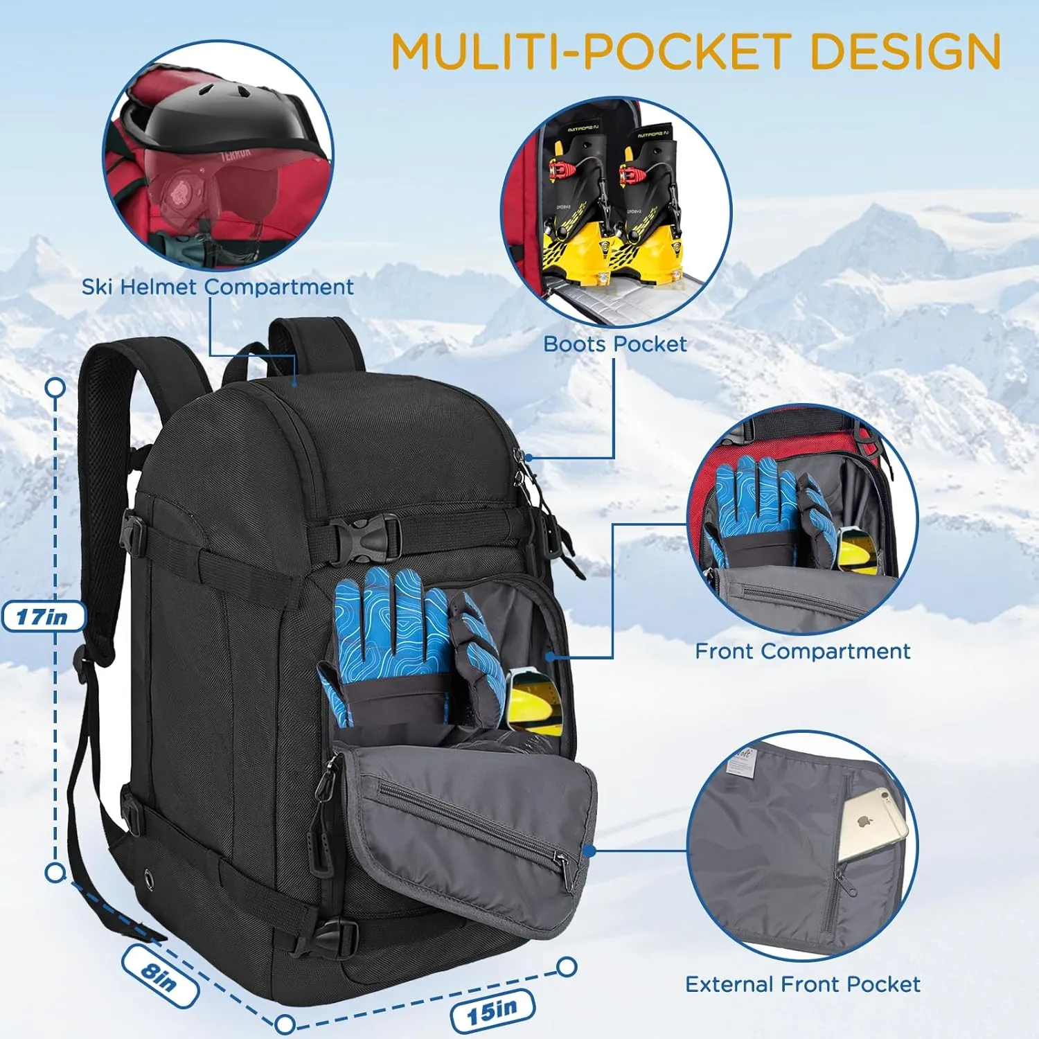 WOLT Ski Boot Bag Backpack 50L Snowboard Boot Bag for Travel for Snow Boots, Ski Helmet, Gloves, Goggles, Skiing Gear