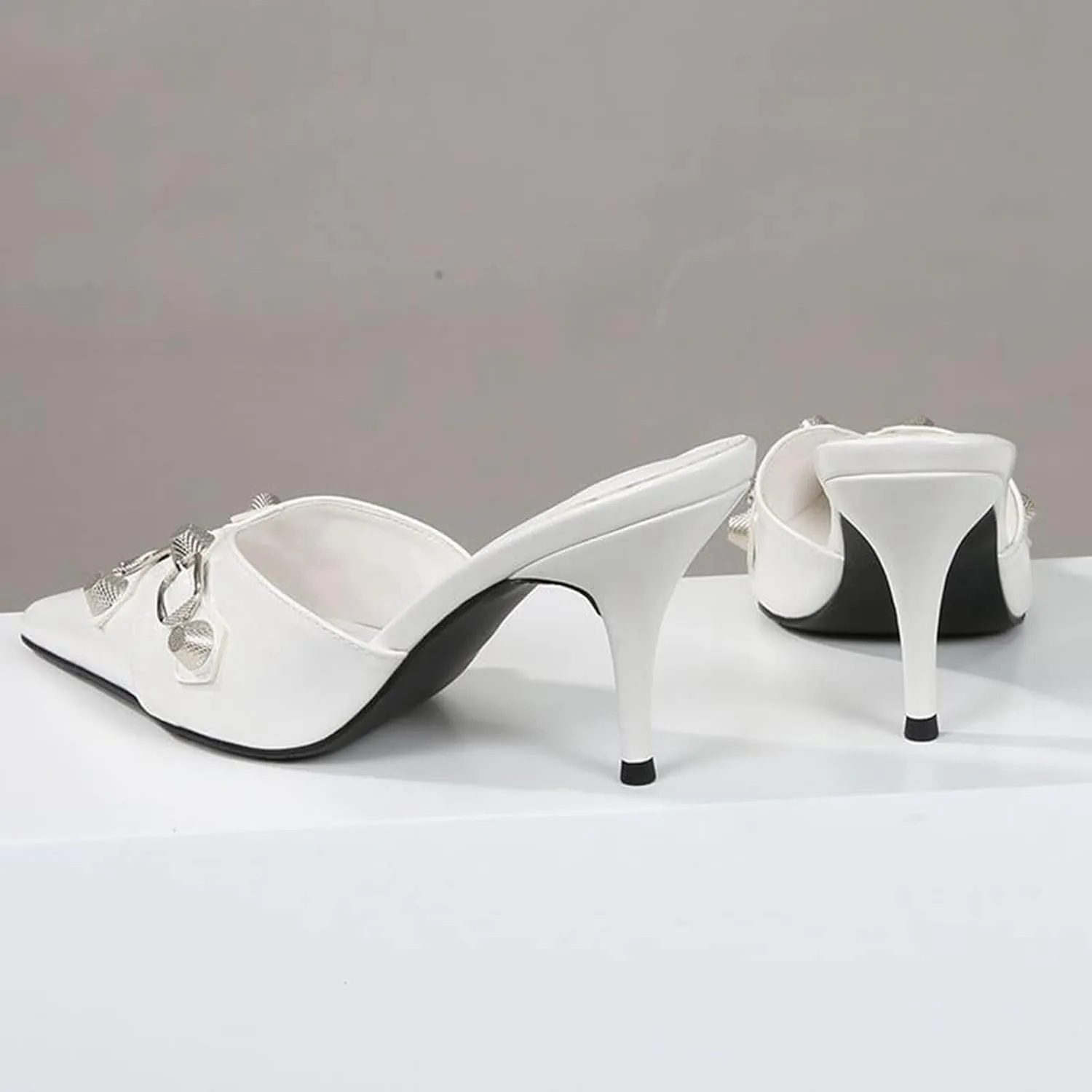 Women Fashion Pointed Toe Mules Stiletto High Heel Metal Buckle Decor Backless Slip on Dress Shoes