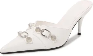 Women Fashion Pointed Toe Mules Stiletto High Heel Metal Buckle Decor Backless Slip on Dress Shoes