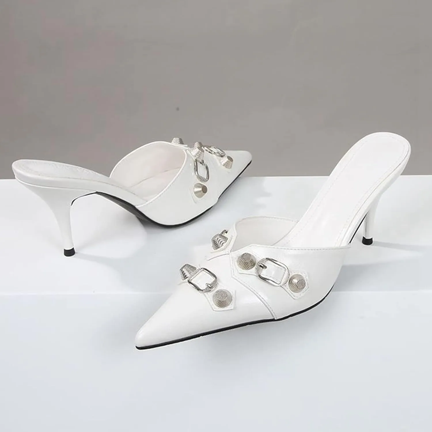 Women Fashion Pointed Toe Mules Stiletto High Heel Metal Buckle Decor Backless Slip on Dress Shoes