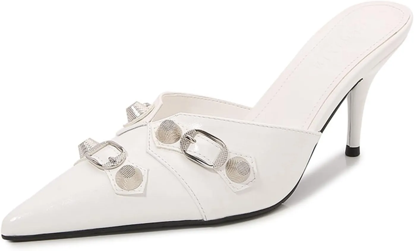 Women Fashion Pointed Toe Mules Stiletto High Heel Metal Buckle Decor Backless Slip on Dress Shoes