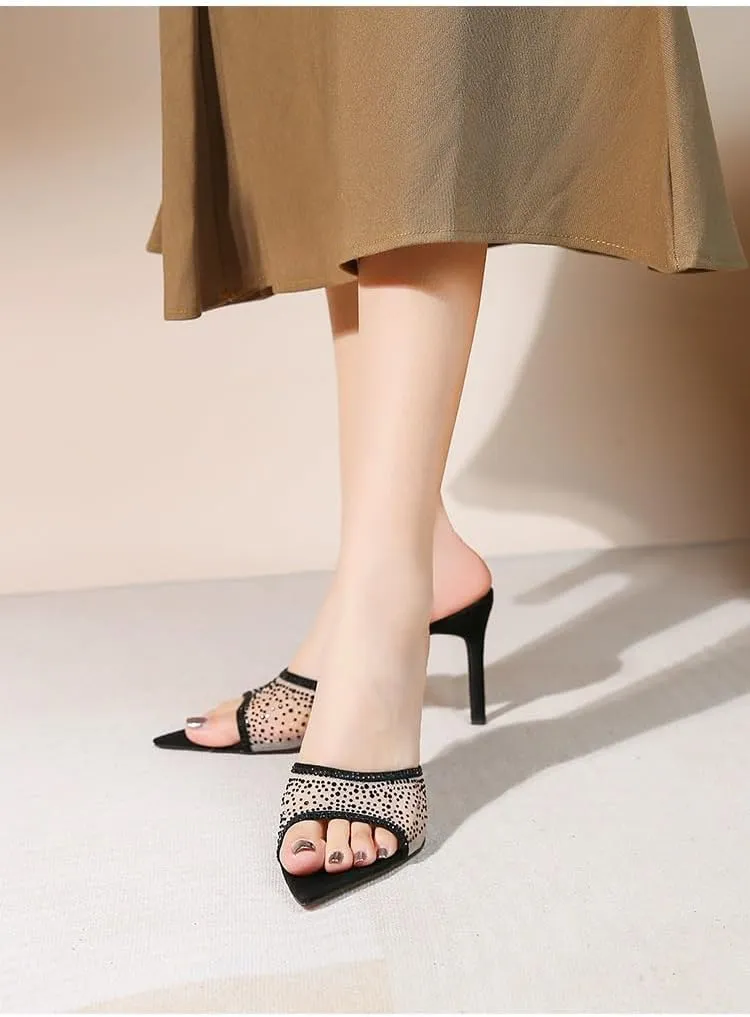 Women Rhinestone Mesh Stiletto Heels Slip On Mules Open Pointed Toe Pumps Crystal Embellished Heeled Sandals Party Dressy Slides Shoes