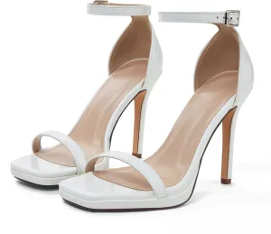 Women Strappy High Heeled Sandals,4.3-Inch Stiletto Open Square Toe Heels with Ankle Strap at Wedding Bride Prom Date Work Church Dressy