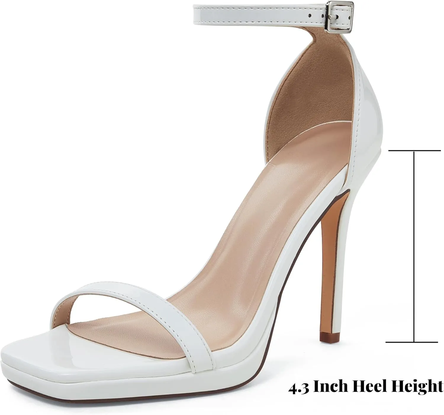 Women Strappy High Heeled Sandals,4.3-Inch Stiletto Open Square Toe Heels with Ankle Strap at Wedding Bride Prom Date Work Church Dressy