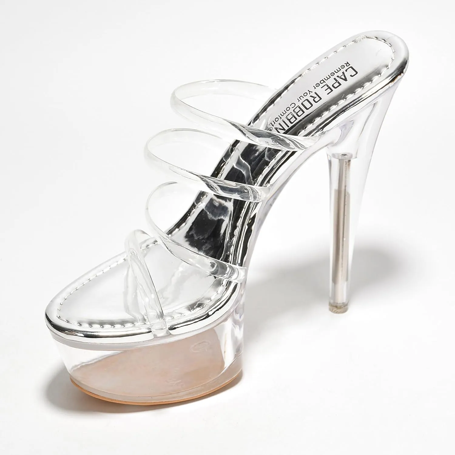 Women's Clear Strappy Stiletto Heels - Nude Platform Sandals with Ankle Strap | Pleaser (Kim)