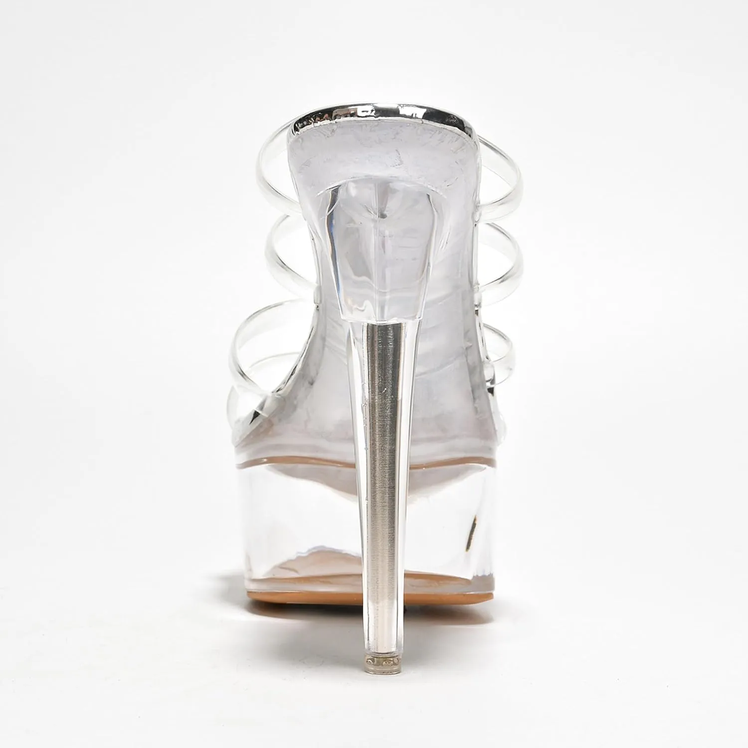 Women's Clear Strappy Stiletto Heels - Nude Platform Sandals with Ankle Strap | Pleaser (Kim)