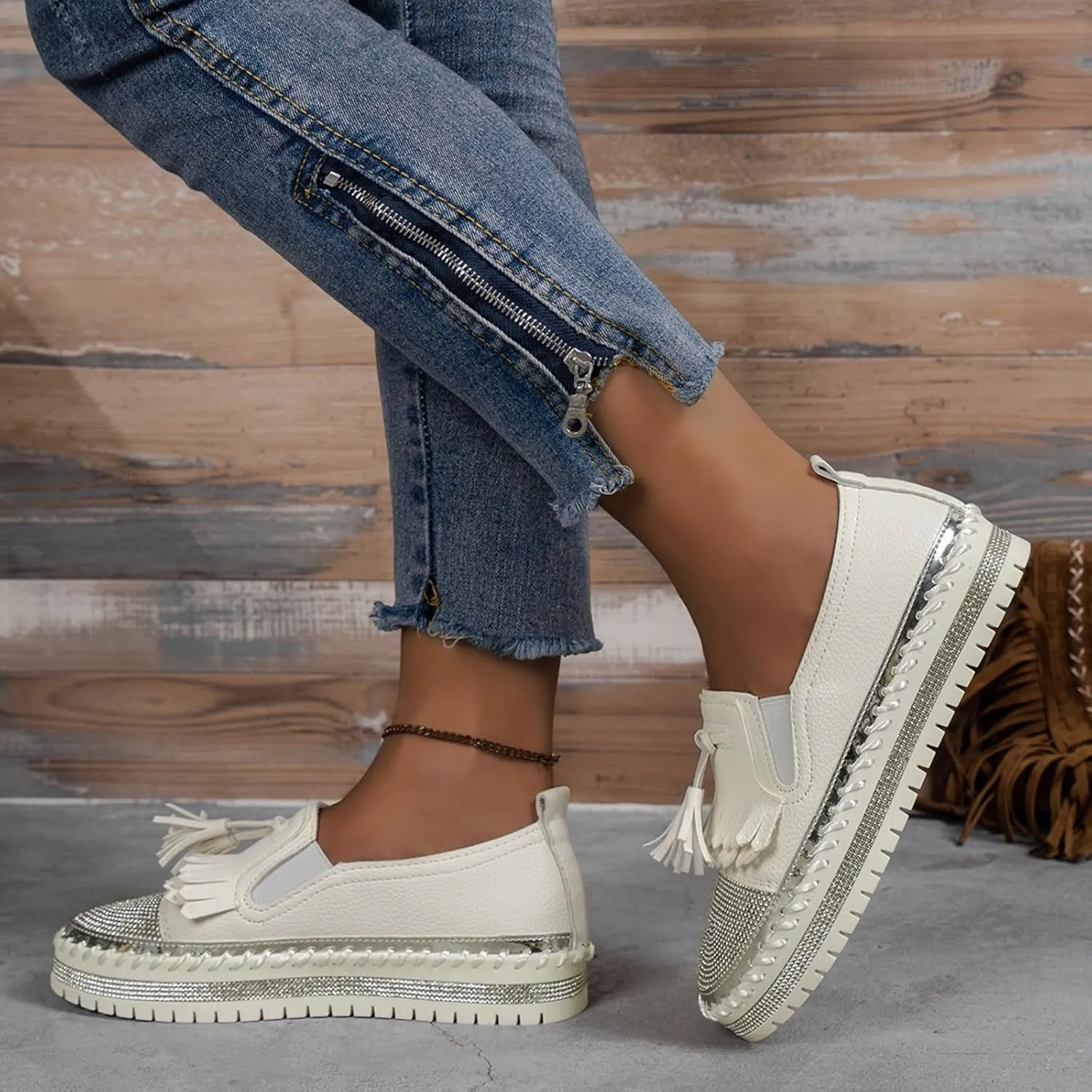 Women's Fashion Leather Loafers Sparkly Rhinestone Tassel Decoration Thick Sole Shoes Comfy Casual Boots for Women