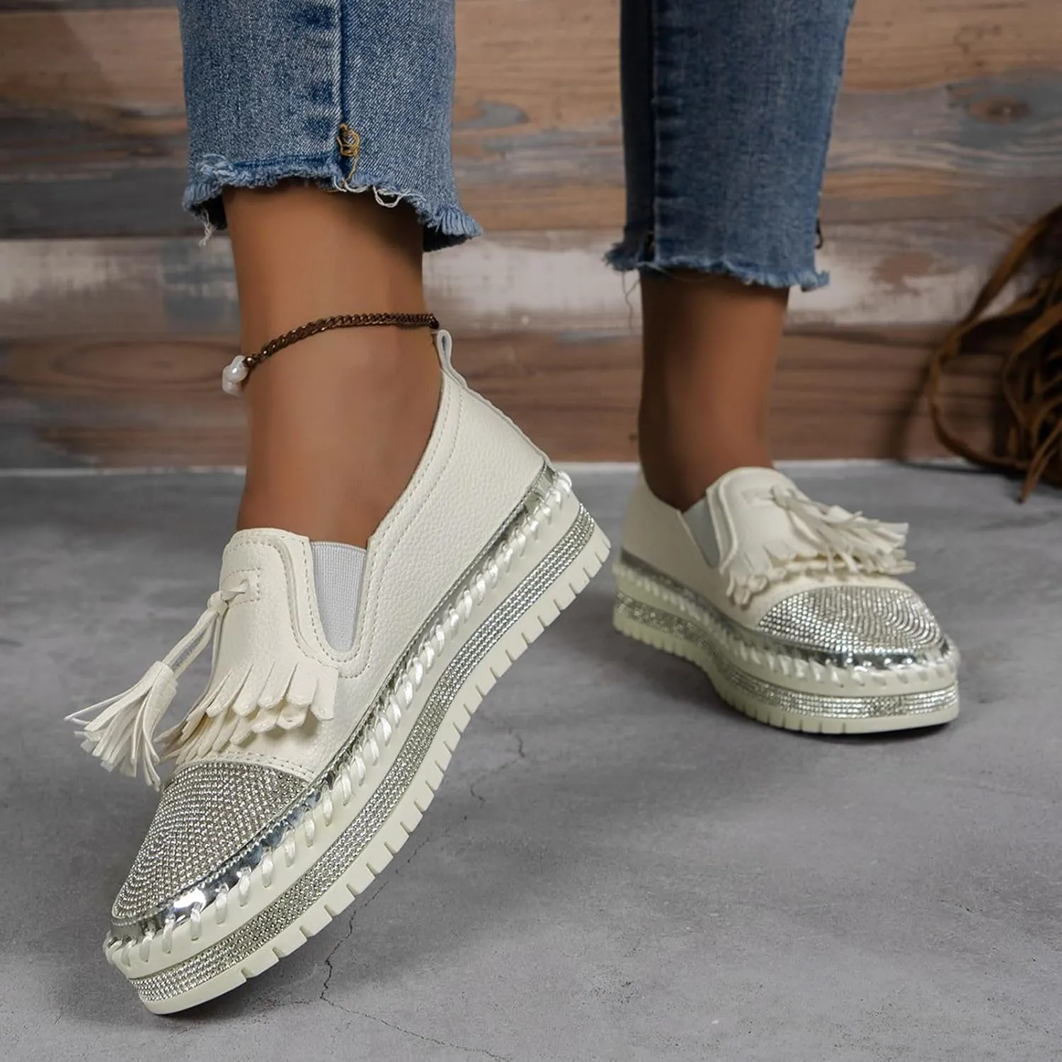 Women's Fashion Leather Loafers Sparkly Rhinestone Tassel Decoration Thick Sole Shoes Comfy Casual Boots for Women