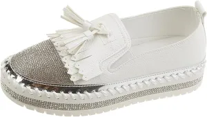 Women's Fashion Leather Loafers Sparkly Rhinestone Tassel Decoration Thick Sole Shoes Comfy Casual Boots for Women