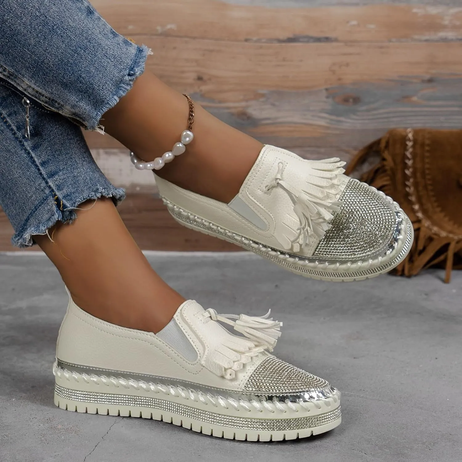 Women's Fashion Leather Loafers Sparkly Rhinestone Tassel Decoration Thick Sole Shoes Comfy Casual Boots for Women