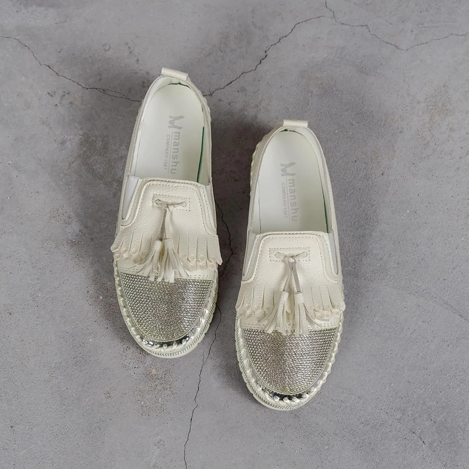 Women's Fashion Leather Loafers Sparkly Rhinestone Tassel Decoration Thick Sole Shoes Comfy Casual Boots for Women