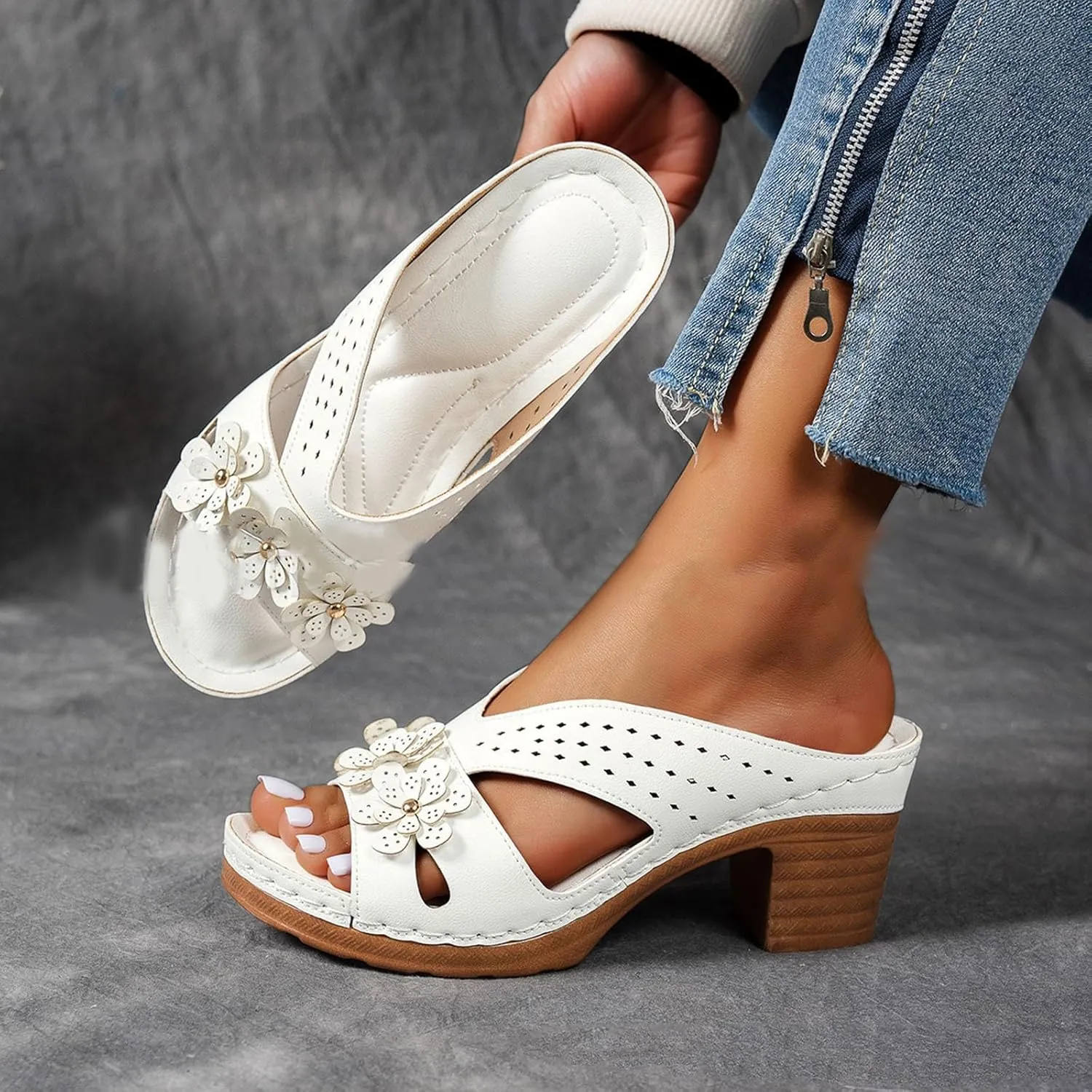 Women's Heeled Sandals Chunky Block Strappy High Heels Platform 2025 Fashion Casual Summer Hollow Out Open Toe Fish Mouth Flower Comfortable Slippers Vintage Beach Walking Shoes