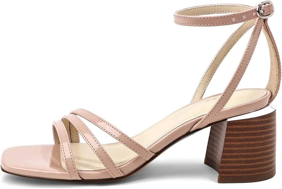 Women's Heels Chunky Block Strappy Square Open Toe Ankle Buckle Heeled Sandals Wedding Party Dress Shoes Summer