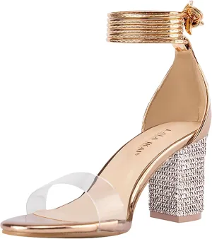Women's Heels Chunky High Heels Sandals for Women Comfy Open Toe Strappy Rhinestone Heeled White Silver Gold Black Ankle Clear Dress Shoes