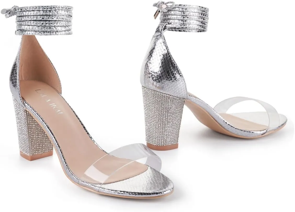 Women's Heels Chunky High Heels Sandals for Women Comfy Open Toe Strappy Rhinestone Heeled White Silver Gold Black Ankle Clear Dress Shoes