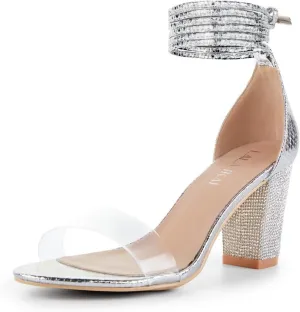 Women's Heels Chunky High Heels Sandals for Women Comfy Open Toe Strappy Rhinestone Heeled White Silver Gold Black Ankle Clear Dress Shoes