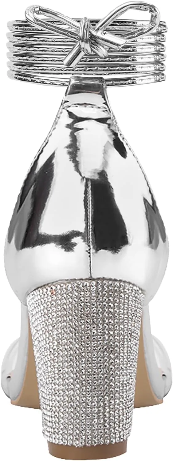 Women's Heels Chunky High Heels Sandals for Women Comfy Open Toe Strappy Rhinestone Heeled White Silver Gold Black Ankle Clear Dress Shoes