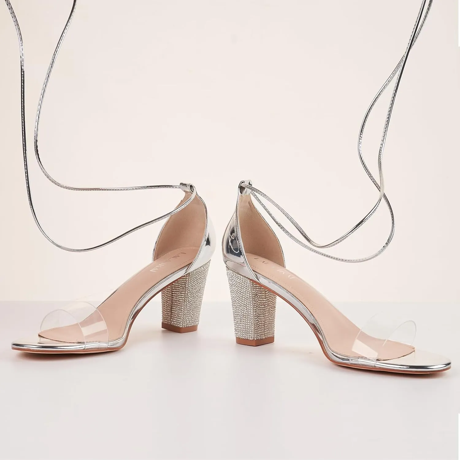 Women's Heels Chunky High Heels Sandals for Women Comfy Open Toe Strappy Rhinestone Heeled White Silver Gold Black Ankle Clear Dress Shoes