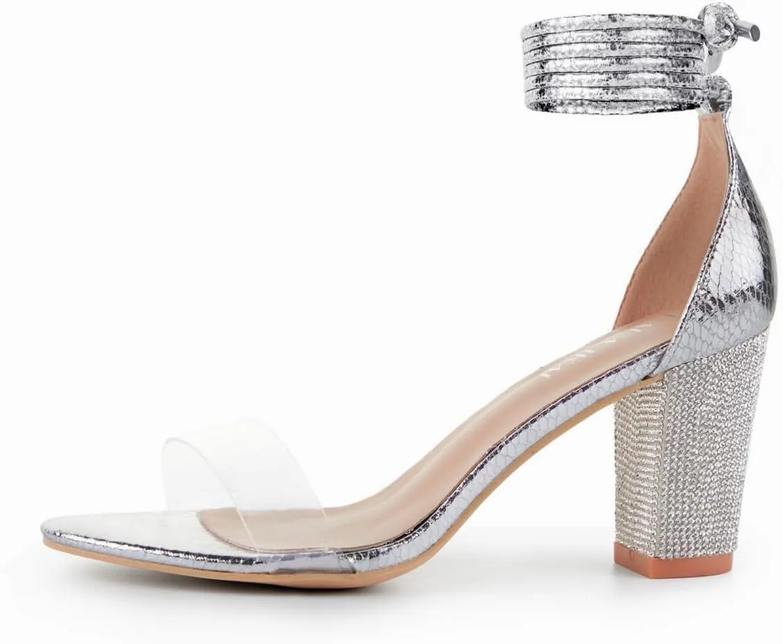 Women's Heels Chunky High Heels Sandals for Women Comfy Open Toe Strappy Rhinestone Heeled White Silver Gold Black Ankle Clear Dress Shoes