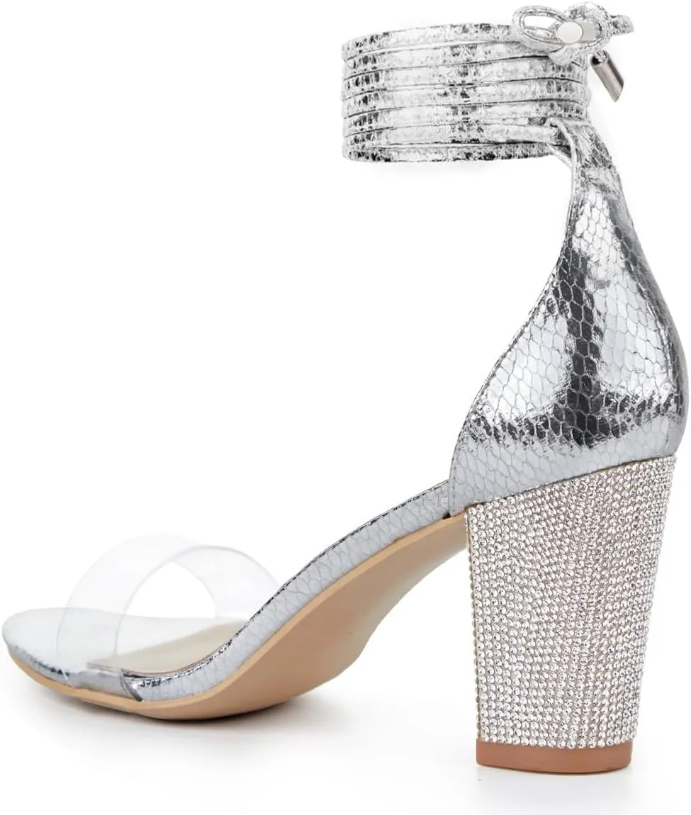 Women's Heels Chunky High Heels Sandals for Women Comfy Open Toe Strappy Rhinestone Heeled White Silver Gold Black Ankle Clear Dress Shoes