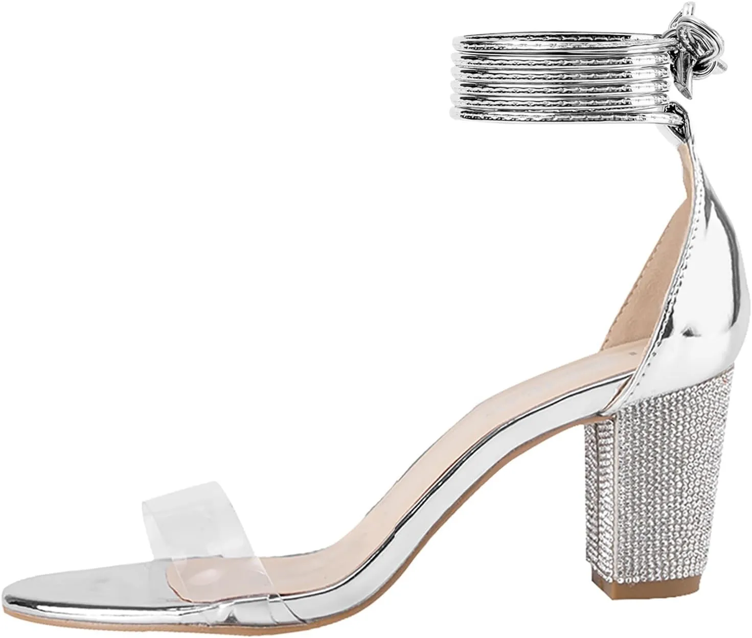 Women's Heels Chunky High Heels Sandals for Women Comfy Open Toe Strappy Rhinestone Heeled White Silver Gold Black Ankle Clear Dress Shoes