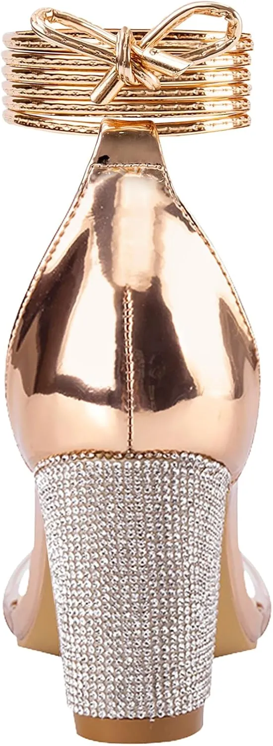 Women's Heels Chunky High Heels Sandals for Women Comfy Open Toe Strappy Rhinestone Heeled White Silver Gold Black Ankle Clear Dress Shoes