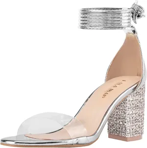 Women's Heels Chunky High Heels Sandals for Women Comfy Open Toe Strappy Rhinestone Heeled White Silver Gold Black Ankle Clear Dress Shoes