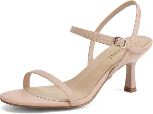 Women's Heels Round Open Toe Strappy Sandals Adjustable Ankle Strap Dress Shoes Kitten Heels for Party Wedding