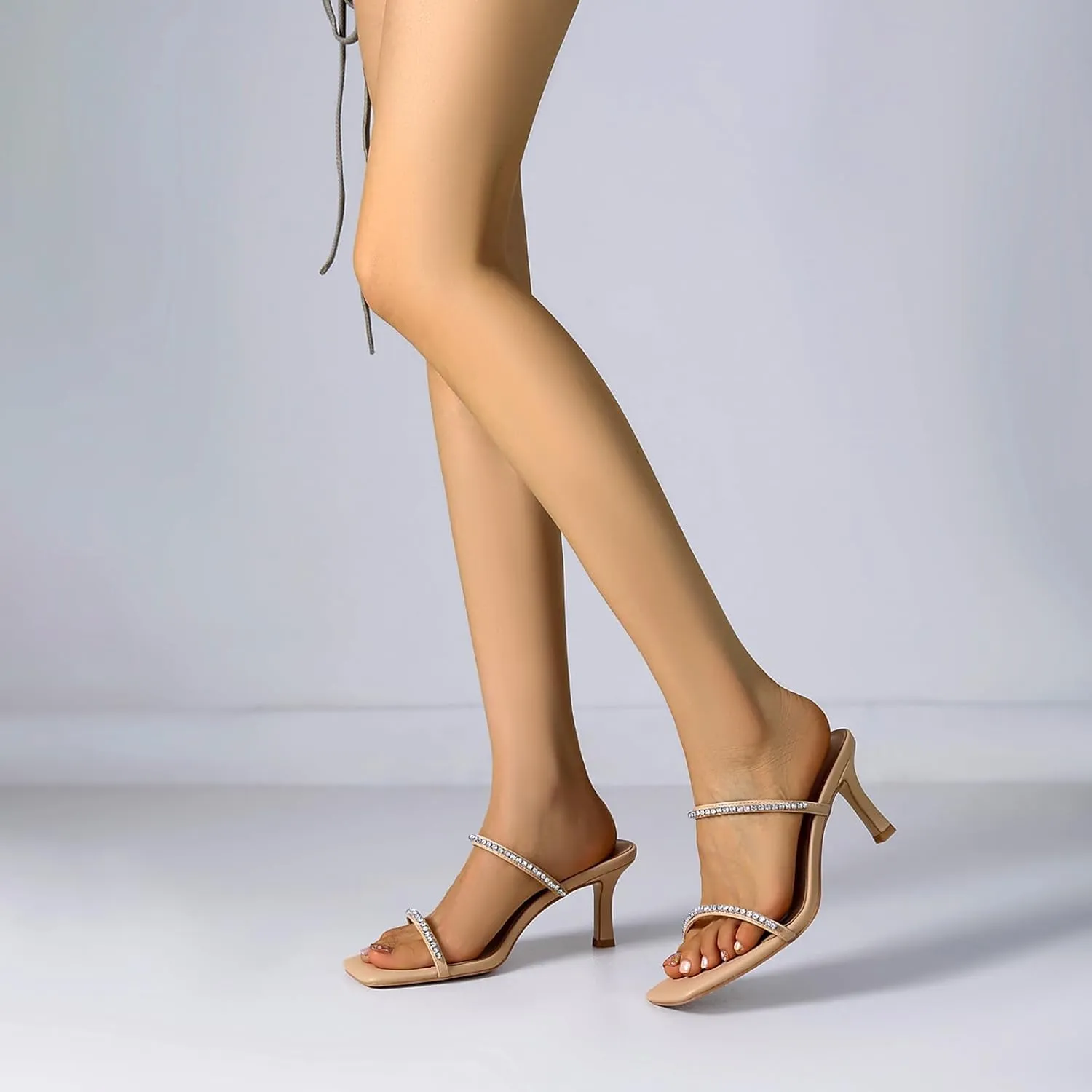 Women's Kitten Heel Rhinestone Sandals Lace Up Square Open Toe Heels Sparkly Sandals with Stiletto Buckle Strap for Dress Party Prom Wedding High Heeled Shoes