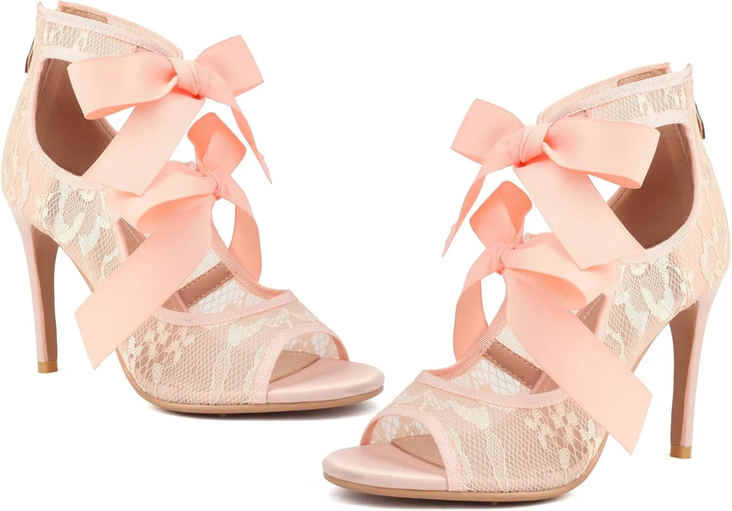Women's Lace Heels with Bow Adjustable Strappy Peep Toe Party Wedding Sandals with Back Zip