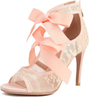 Women's Lace Heels with Bow Adjustable Strappy Peep Toe Party Wedding Sandals with Back Zip