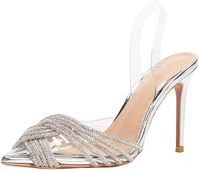 Women's Mid heel Mule Sandals Pointed Toe Rhinestones Heels Clear PVC Stiletto Slide Slipper Clear Heel Slip On Womens Sandals With Transparent Stiletto Heels