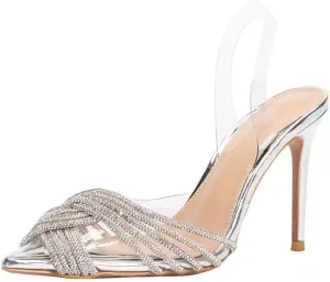 Women's Mid heel Mule Sandals Pointed Toe Rhinestones Heels Clear PVC Stiletto Slide Slipper Clear Heel Slip On Womens Sandals With Transparent Stiletto Heels