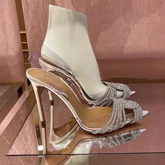 Women's Mid heel Mule Sandals Pointed Toe Rhinestones Heels Clear PVC Stiletto Slide Slipper Clear Heel Slip On Womens Sandals With Transparent Stiletto Heels