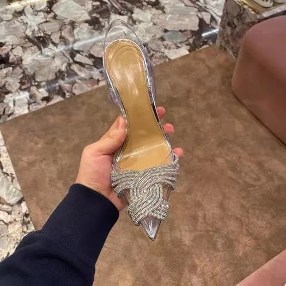 Women's Mid heel Mule Sandals Pointed Toe Rhinestones Heels Clear PVC Stiletto Slide Slipper Clear Heel Slip On Womens Sandals With Transparent Stiletto Heels