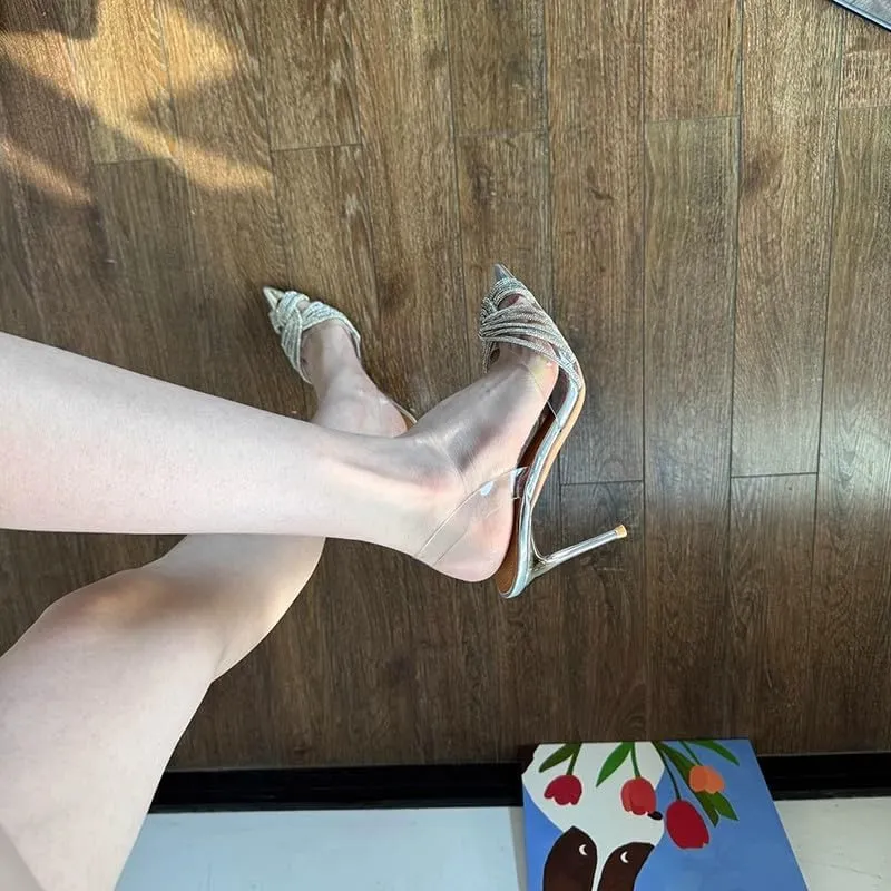 Women's Mid heel Mule Sandals Pointed Toe Rhinestones Heels Clear PVC Stiletto Slide Slipper Clear Heel Slip On Womens Sandals With Transparent Stiletto Heels