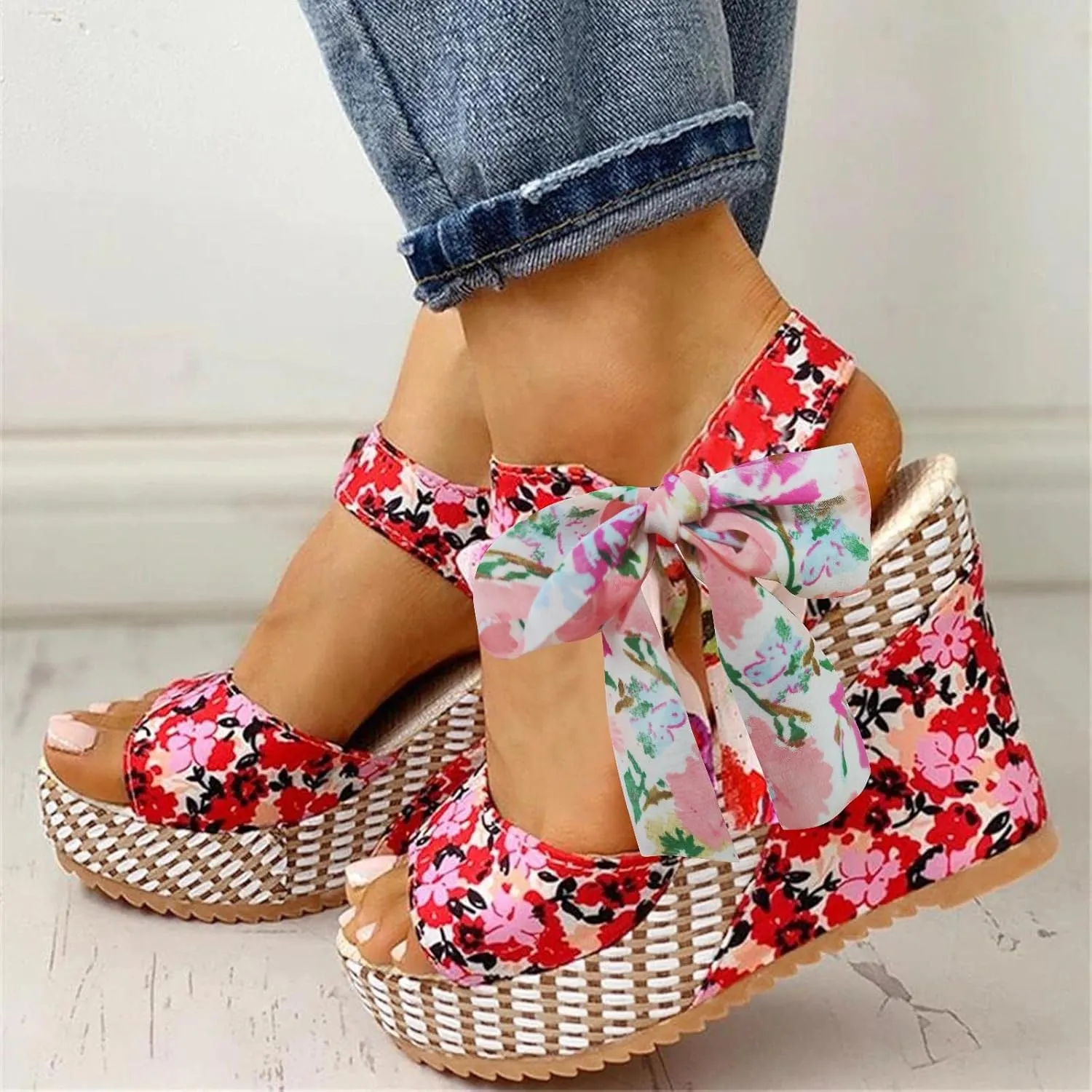 Women's Platform Sandals Wedge Open Toe Ankle Strap Lace Wedding Bridesmaid Shoes Dressy Close Toe Low Heel Lightweight