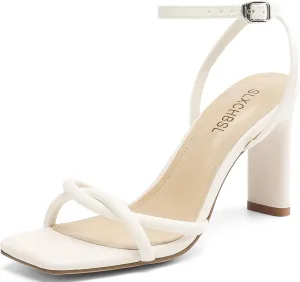 Womens Sandals Square Open Toe Strappy Heels for Women Dressy Chunky High Heels Ankle Buckle Heeled Sandals for Women Comfort Wedding Prom Party Shoes