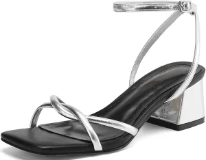 Women's Sandals Strappy Heels for Women Dressy Open Square Toe Comfort Chunky Block Heel Dress Shoes for Prom Party Wedding
