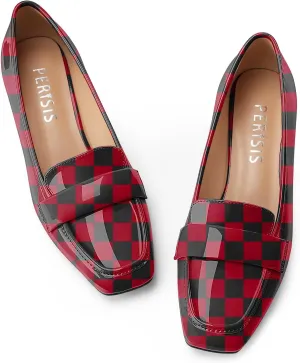Women's Square Toe Chunky Low Heel Penny Loafers Shoes Black Patent Leather Comfortable Slip On Work Business Dressy Classic Pumps