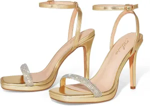 Women’s Stiletto Strappy Heeled Sandals, 4.3 Inch Square Open Toe Sexy High Heels Ankle Strap Buckle Heels for Party Wedding Dress Daily Wear Shoes