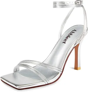 Women's Strappy High Heels Square Open Toe Stilettos Heeled Sandals with Ankle Strap for Prom Party Daily Wedding Wear