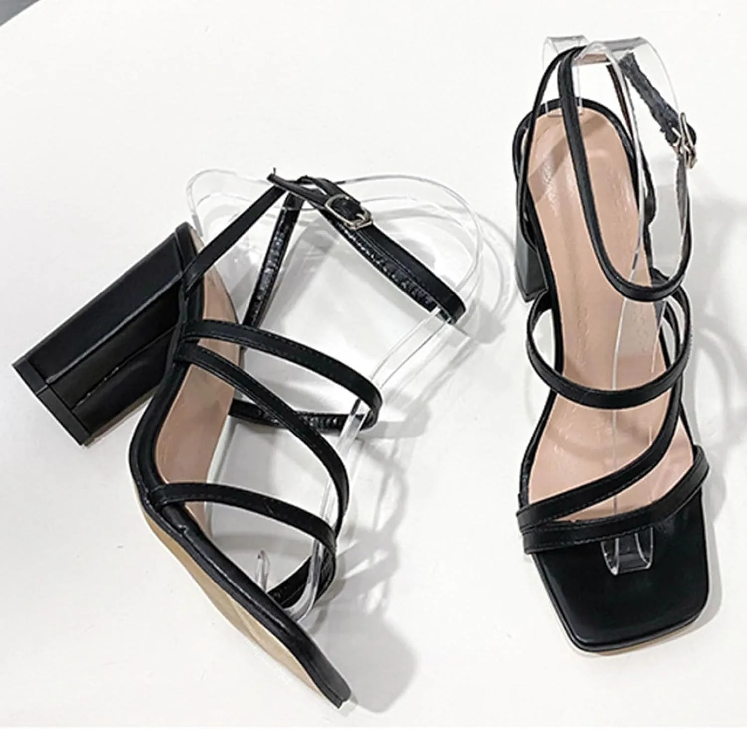 Women's Strappy Low Chunky Block Heel Sandals 2025 Square Toe Open Toe Classic Plus Size Ankle Strap High Heel Sandals Casual Comfortable Summer Mules Slide Walking Shoes