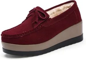 Women's Tassel Suede Plush Wedge Shaped Sports Shoes Fashion Thick Sole Arched Casual Loafers Velvet Tassel Bow Wedge Casual Shoes