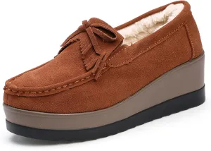 Women's Tassel Suede Plush Wedge Shaped Sports Shoes Fashion Thick Sole Arched Casual Loafers Velvet Tassel Bow Wedge Casual Shoes
