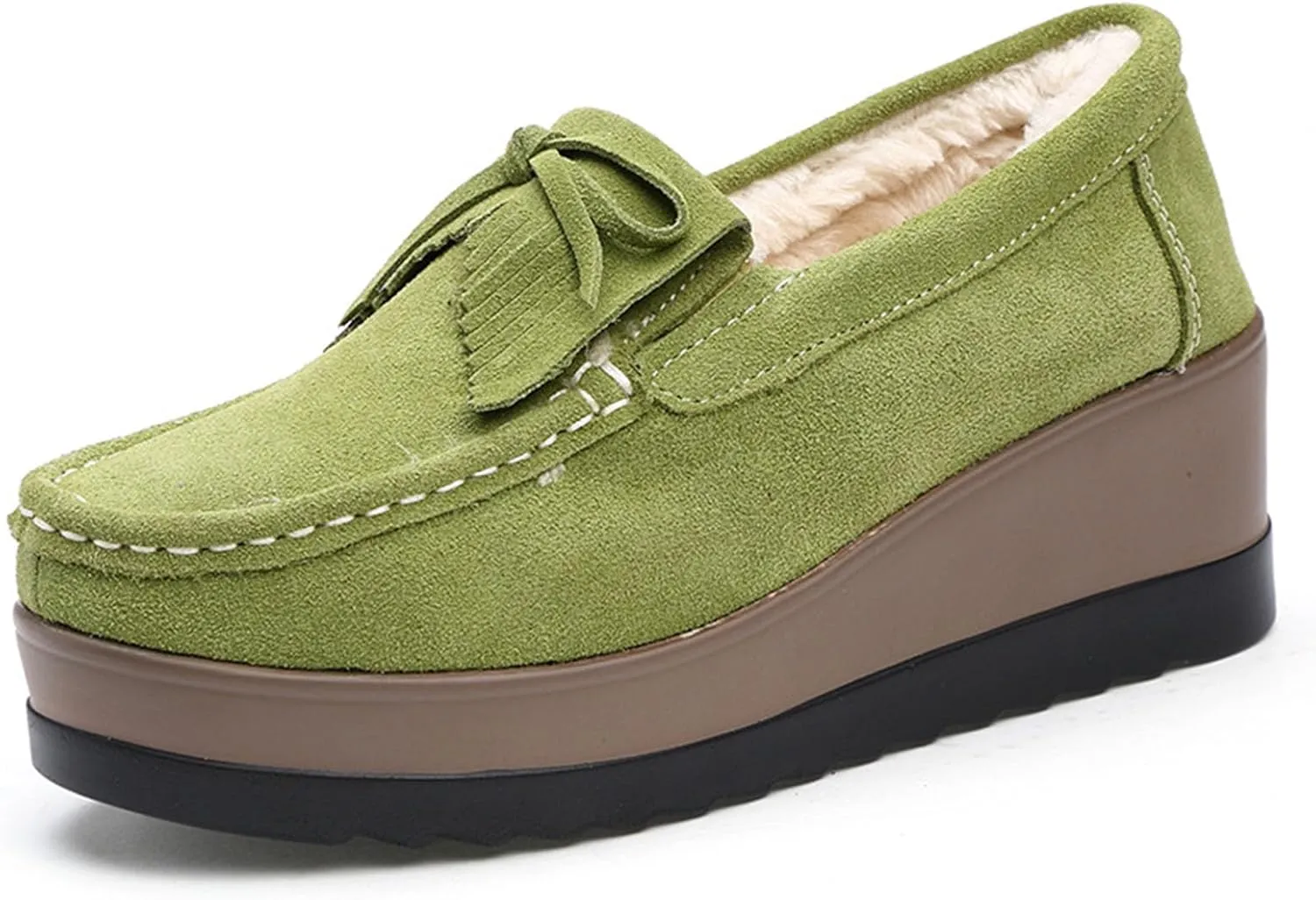 Women's Tassel Suede Plush Wedge Shaped Sports Shoes Fashion Thick Sole Arched Casual Loafers Velvet Tassel Bow Wedge Casual Shoes