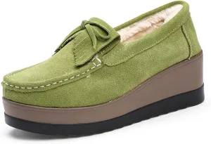 Women's Tassel Suede Plush Wedge Shaped Sports Shoes Fashion Thick Sole Arched Casual Loafers Velvet Tassel Bow Wedge Casual Shoes