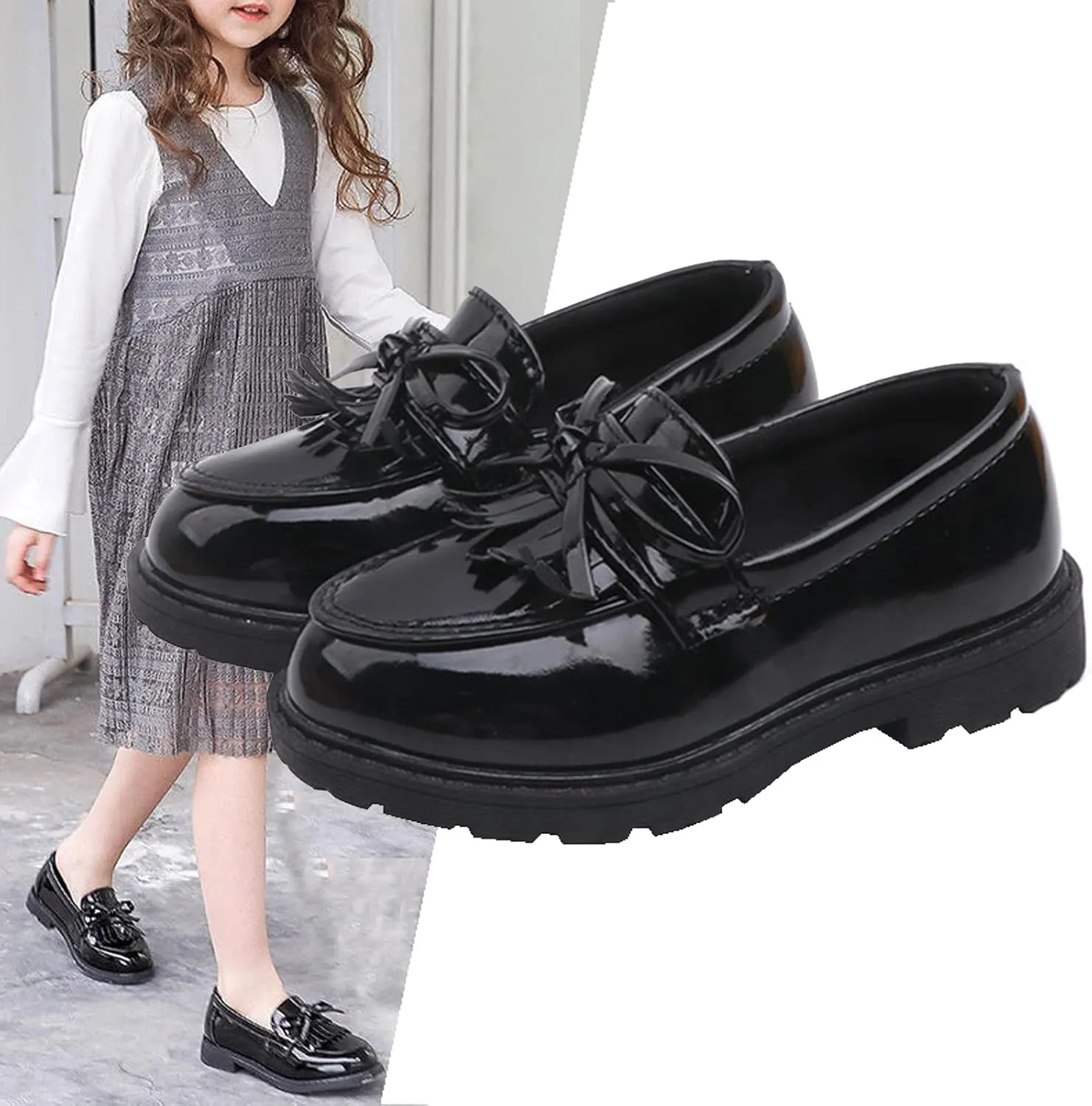 WUIWUIYU Girls Patent Leather Slip-On Penny Loafers Flats Bow Tassel Oxfords Moccasins Dress Shoes