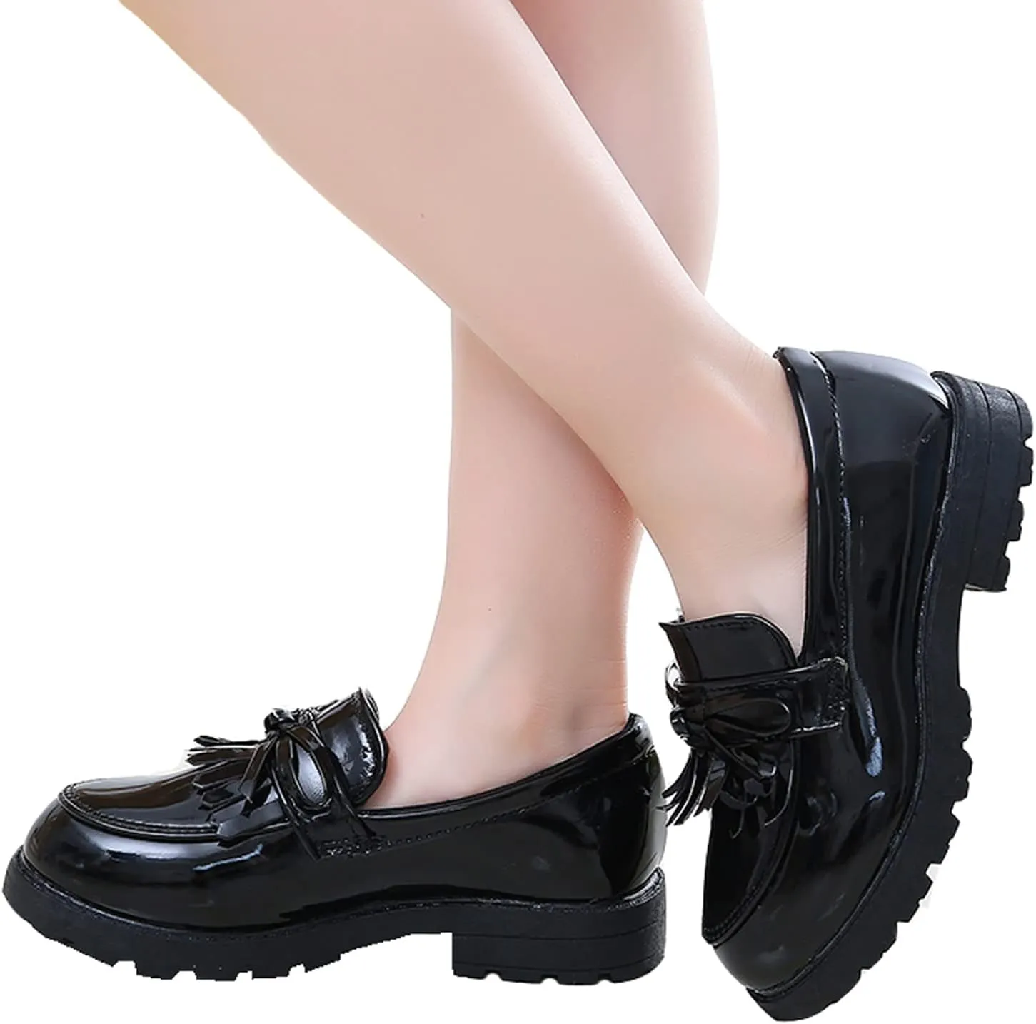 WUIWUIYU Girls Patent Leather Slip-On Penny Loafers Flats Bow Tassel Oxfords Moccasins Dress Shoes